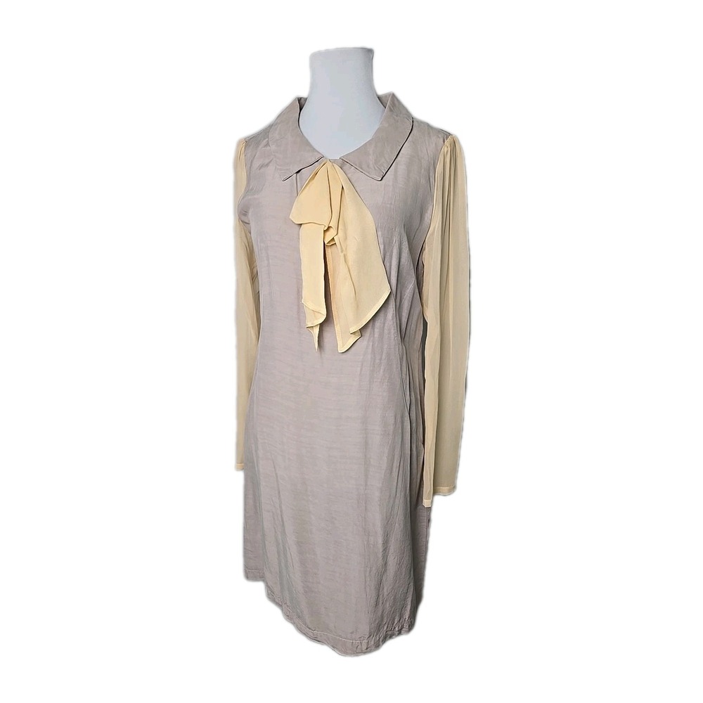 8000 Nerves Taupe Dress MEDIUM Sheer SILK Sleeves & Bow